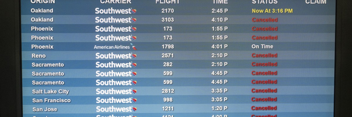 Canceled Southwest Airlines flights show on a monitor at Hollywood Burbank Airport