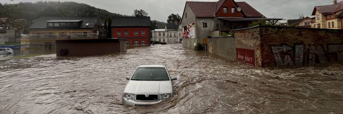 car trapped in floodwaters in Czech Republic