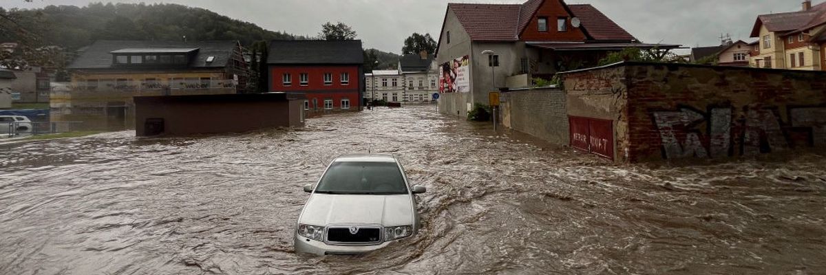car trapped in floodwaters in Czech Republic