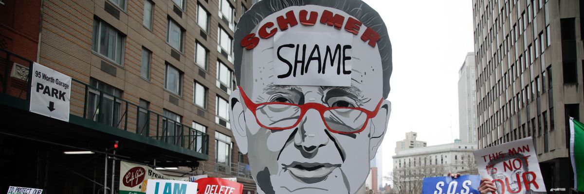 Cardboard mask of Chuck Schumer with "shame" written on forehead.