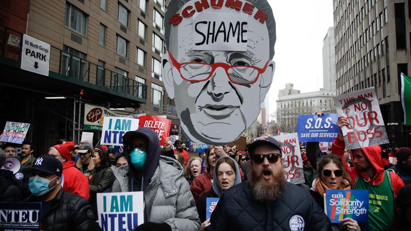 Cardboard mask of Chuck Schumer with "shame" written on forehead.