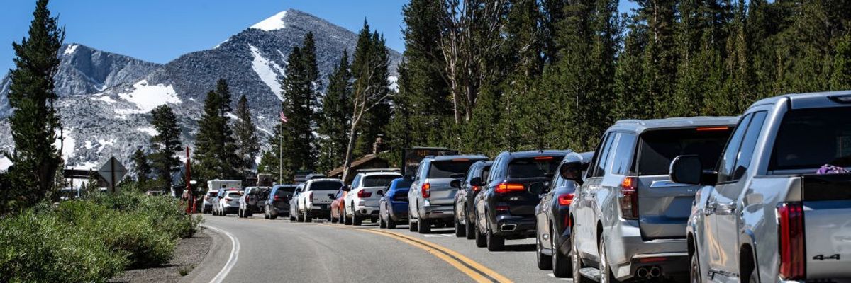 Cars in line to enter Yosemite National Park. 