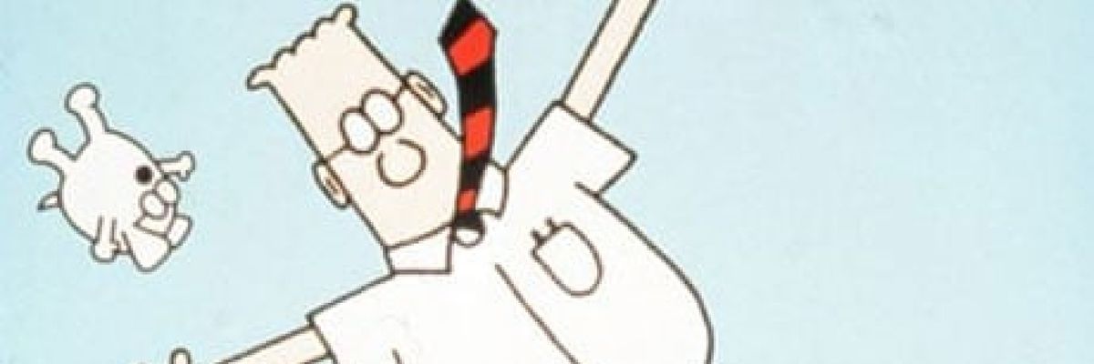 Cartoon characters Dilbert and his dog Dilbert fly through the air after being dumped by many newspapers.