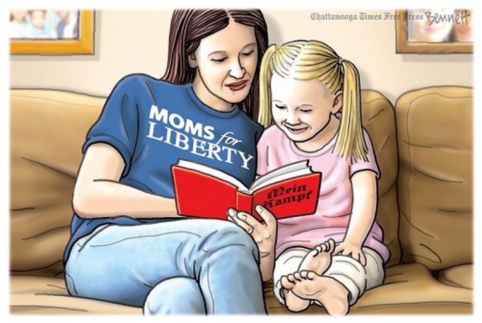 Cartoon of a member of Moms For Liberty reading Hitler's book Mein Kampf to her daughter.