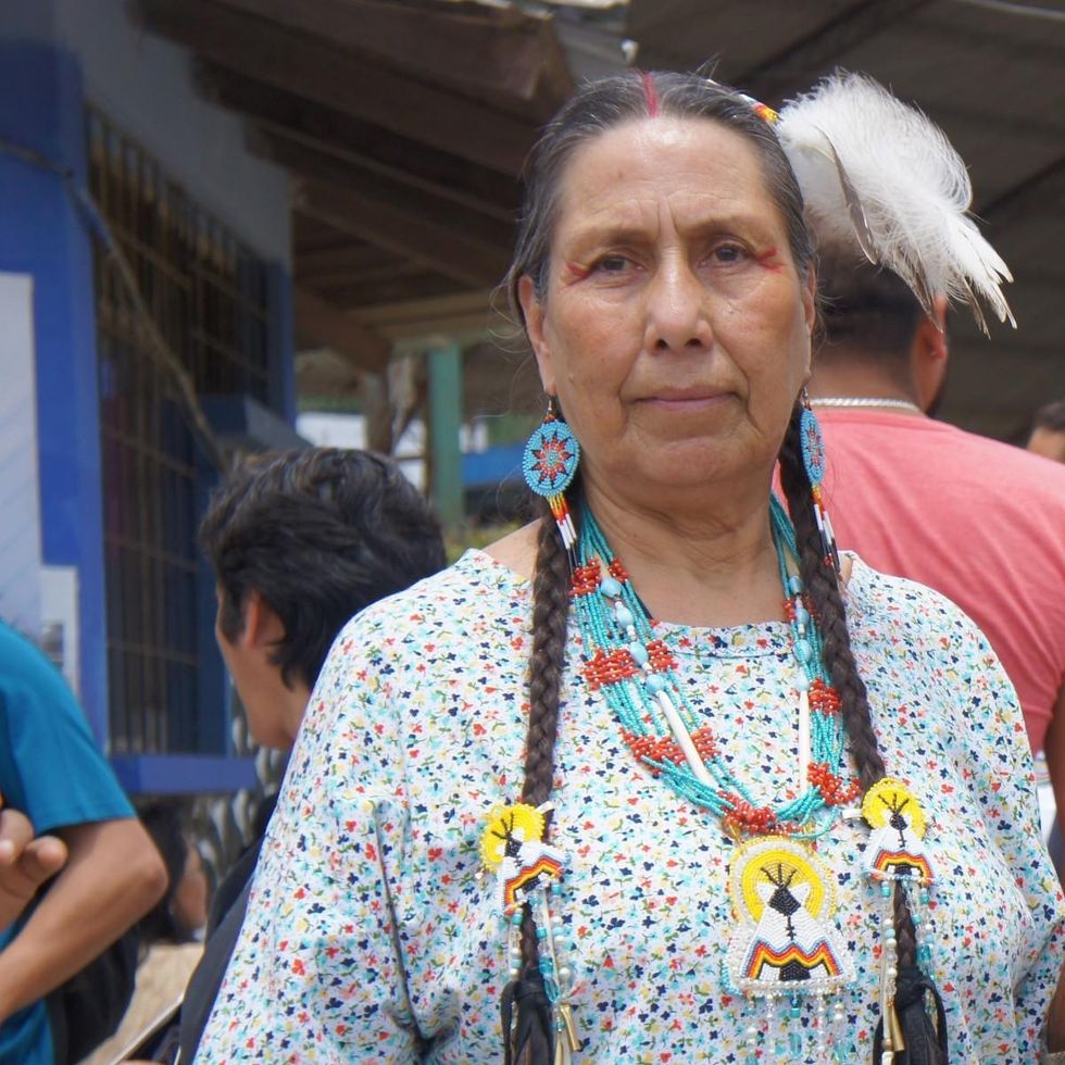 Casey Camp-Horinek joins Indigenous women leaders in Ecuador during an International Women's Day March. (Photo: Emily Arasim/WECAN International)