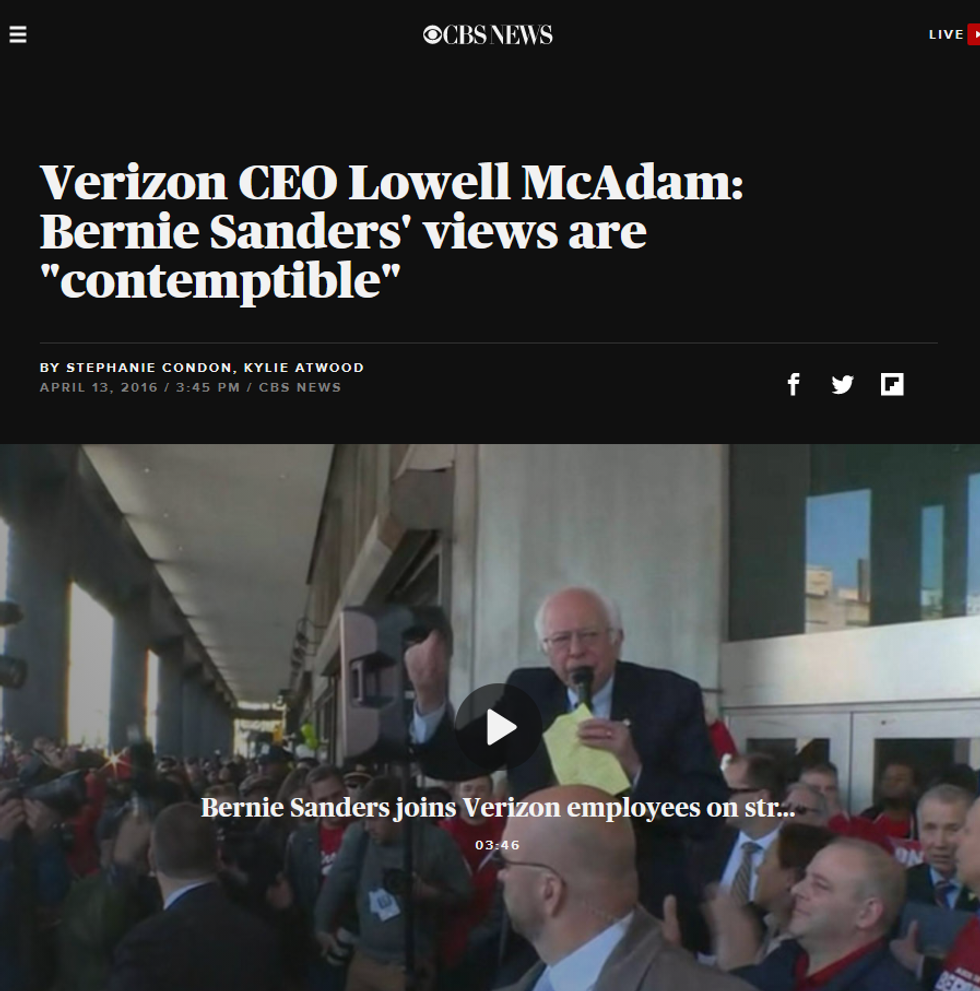 CBS: Verizon CEO Lowell McAdam: Bernie Sanders' views are