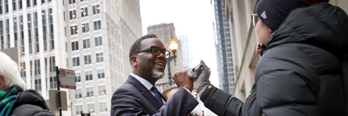 Chicago mayoral candidate and Cook County commissioner Brandon Johnson greets supporters