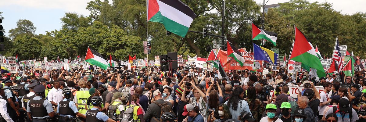 Chicago police and demonstrators are seen at a march