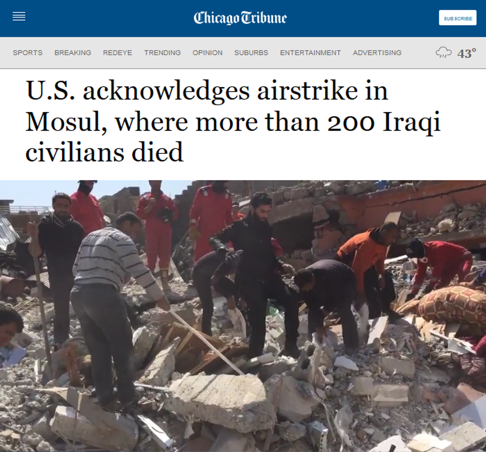 Chicago Tribune: U.S. acknowledges airstrike in Mosul, where more than 200 Iraqi civilians died