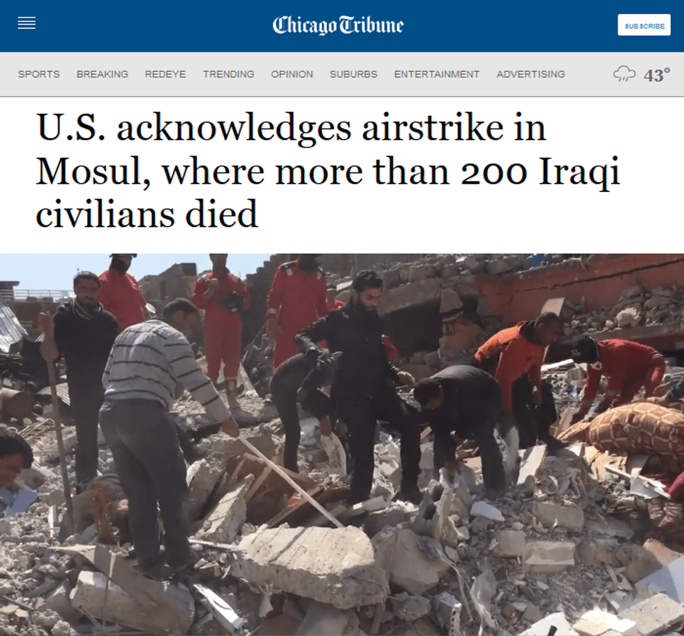 Chicago Tribune: U.S. acknowledges airstrike in Mosul, where more than 200 Iraqi civilians died
