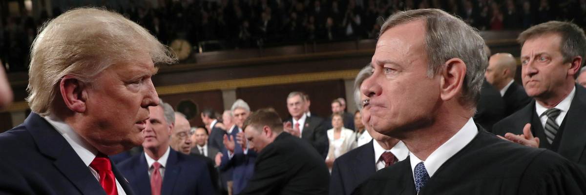 Chief Justice John Roberts shaking hands with former President Donald Trump