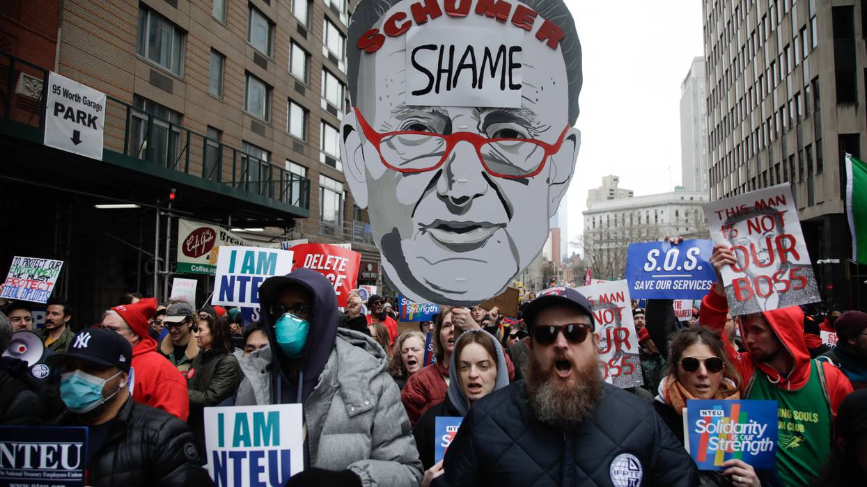 Chuck Schumer cut-out at a protest.