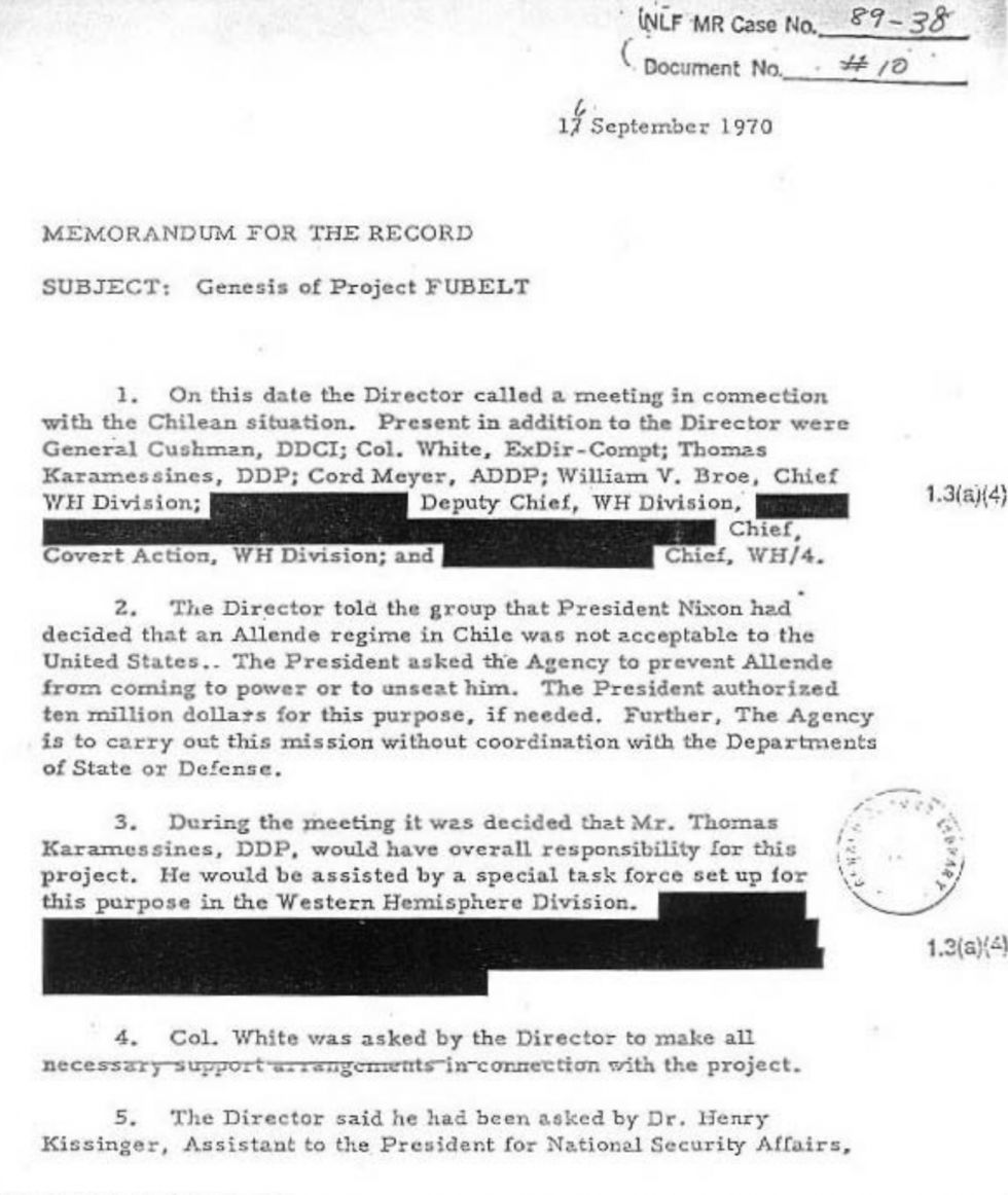 CIA memorandum on Project FUBELT, September 16, 1970.