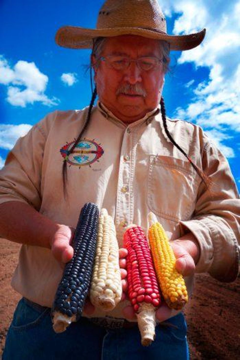 Clayton Brascoupe holds several ears of indigenous corn. (Photo courtesy of SEED: The Untold Story / Collective Eye Films)