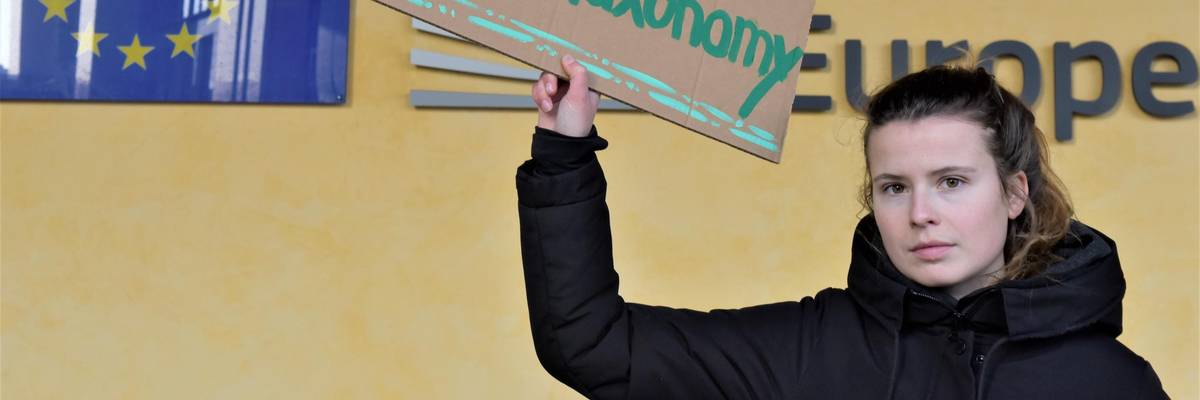 Climate activist Luisa Neubauer stands on the sidelines of a protest against a green E.U. label for nuclear power and gas within the so-called taxonomy in front of the E.U. Commission. (Photo: Marek Majewsky/picture alliance via Getty Images)
