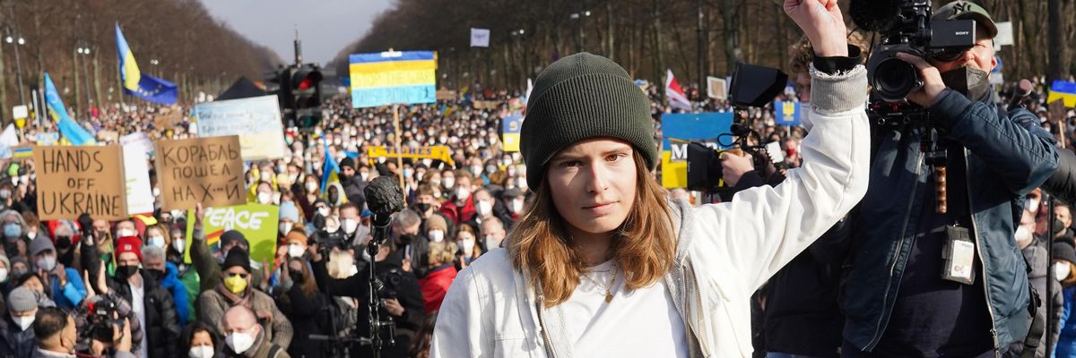 Climate activist Luisa Neubauer turns around after her speech at a demonstration under the slogan "Stop the war! Peace for Ukraine and all of Europe" against the Russian attack on Ukraine on February 27, 2022 in Berlin.