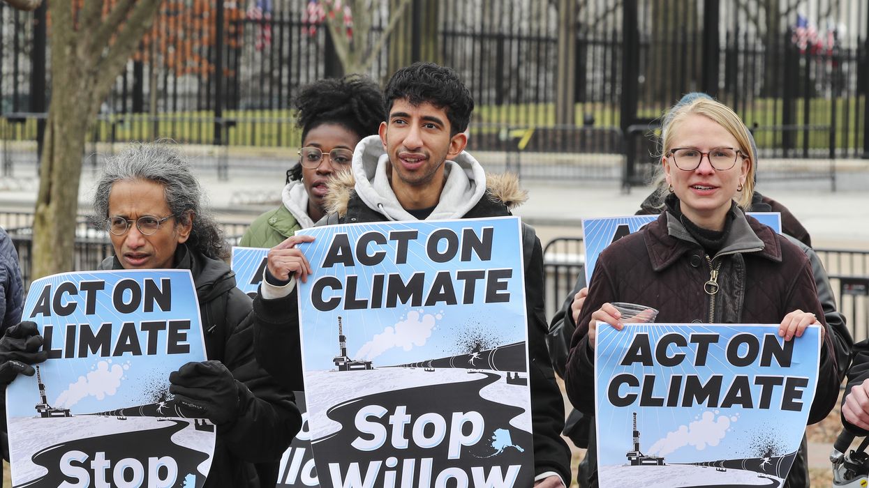 Climate activists gather to protest the Willow oil project at Lafayette Square in front of the White House in Washington D.C. on January 10, 2023.