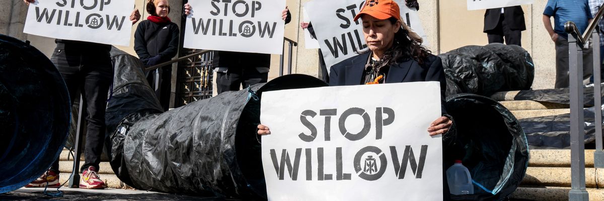 Climate activists hold a demonstration against the Willow Project