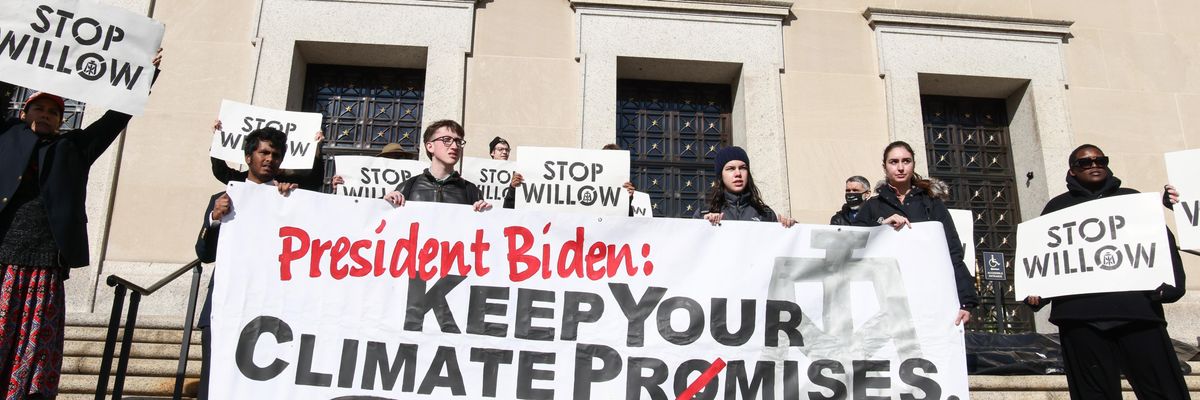 Climate activists hold a demonstration to urge President Joe Biden to reject the Willow Project