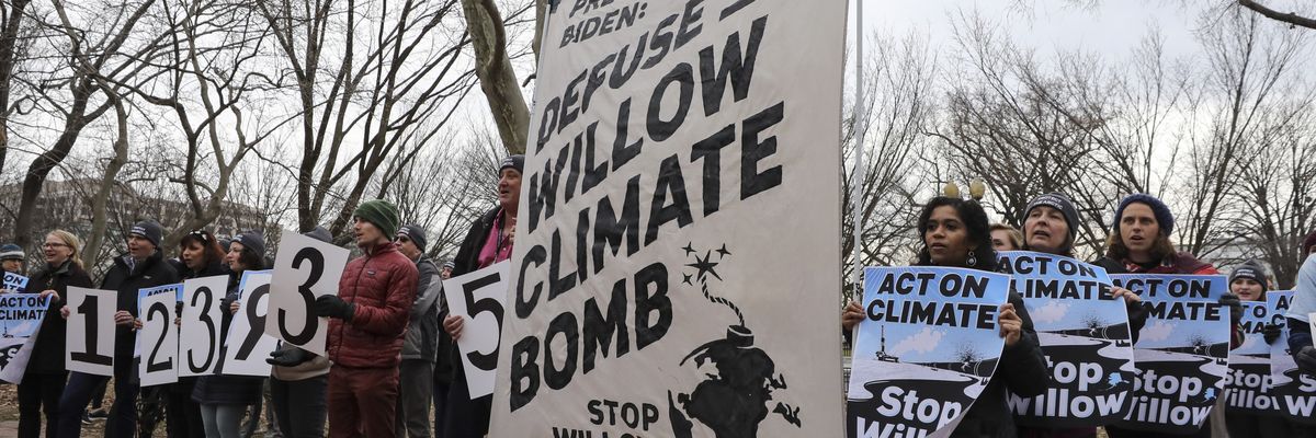 Climate activists protest ConocoPhillips' Willow oil project in Alaska's North Slope in Lafayette Square in Washington, D.C. on January 10, 2023.