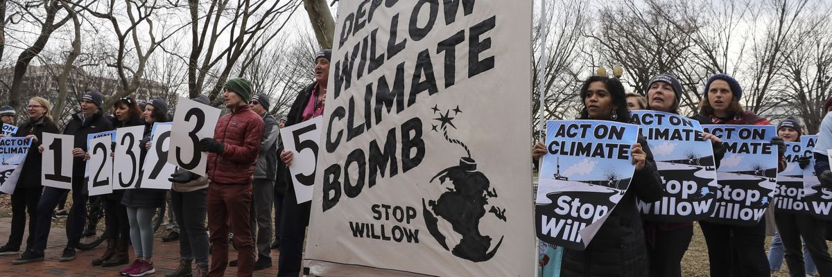 Climate activists protest ConocoPhillips' Willow oil project in Alaska's North Slope in Lafayette Square in Washington, D.C. on January 10, 2023.