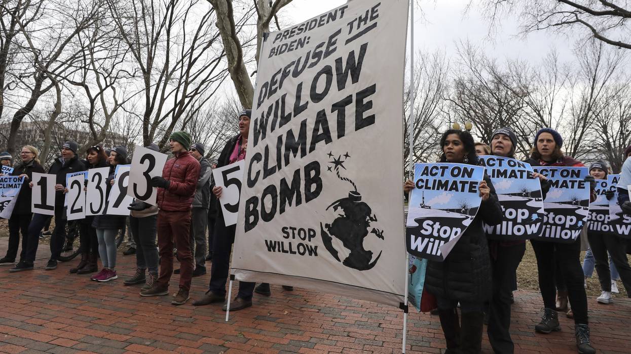 Climate activists protest ConocoPhillips' Willow oil project in Alaska's North Slope in Lafayette Square in Washington, D.C. on January 10, 2023.