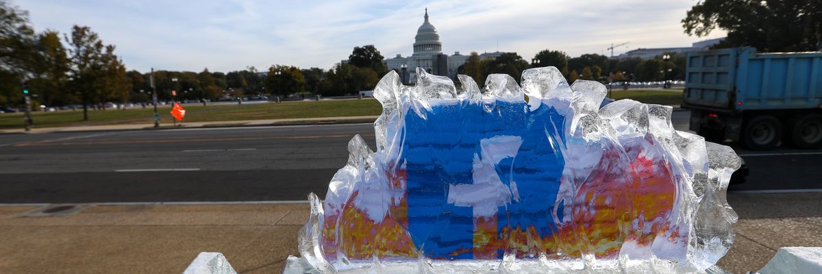 Climate activists target Facebook with an ice display in front of the U.S. Capitol on November 4, 2021 in Washington D.C.