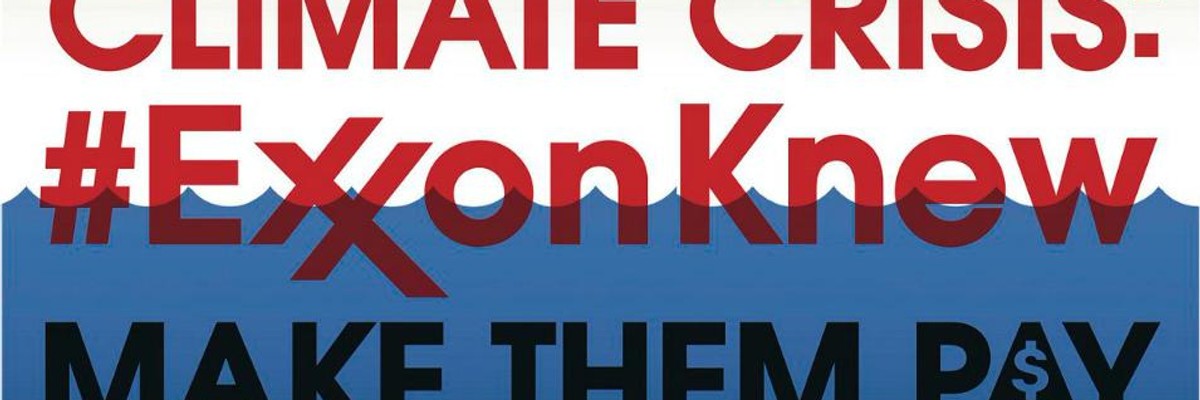 Activists Unfurl 'Exxon Knew, Make Them Pay' Banner Outside Meeting of Fossil Fuel CEOs Steps From UN Climate Summit