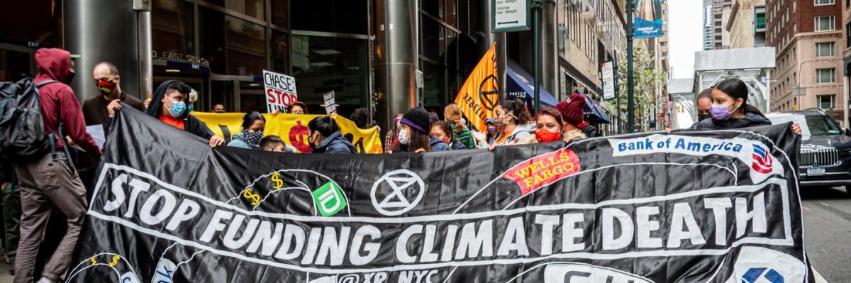Climate activists with Stop the Money Pipeline held a rally in midtown Manhattan on April 17, 2021 to urge financial institutions to stop funding fossil fuels and forest destruction.