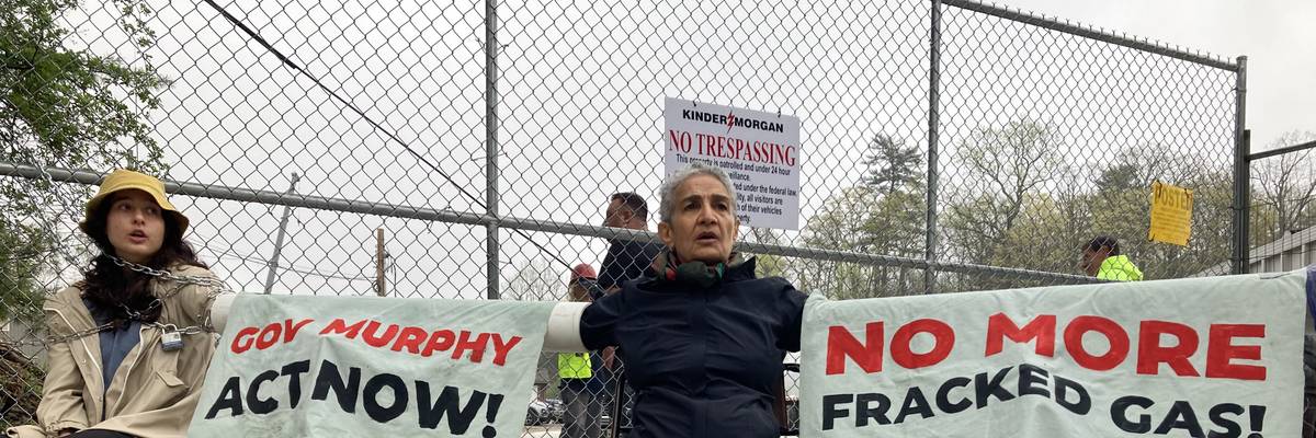 Climate campaigners blocked a compressor station construction site in West Milford, New Jersey on April 17, 2023.