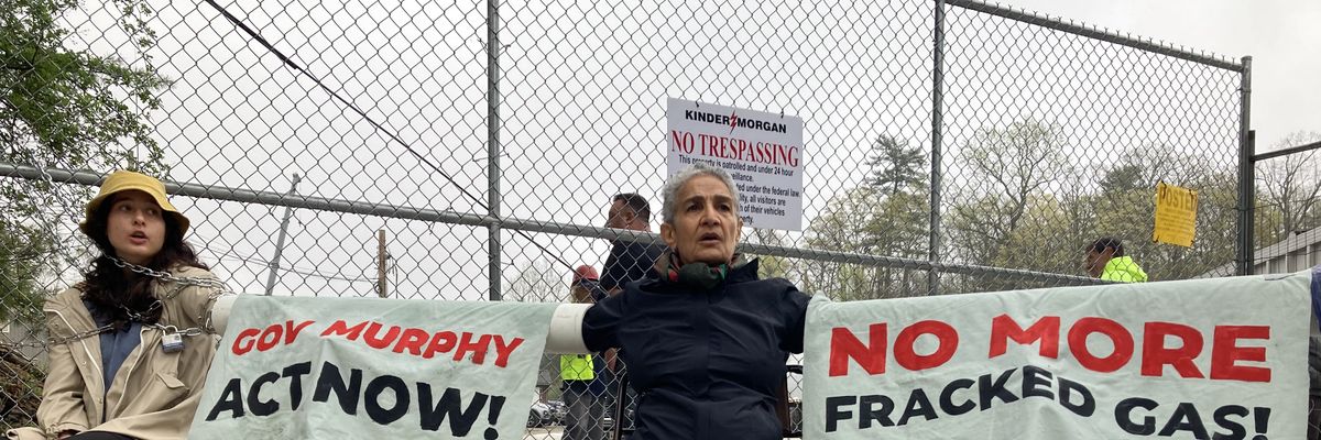 Climate campaigners blocked a compressor station construction site in West Milford, New Jersey on April 17, 2023.