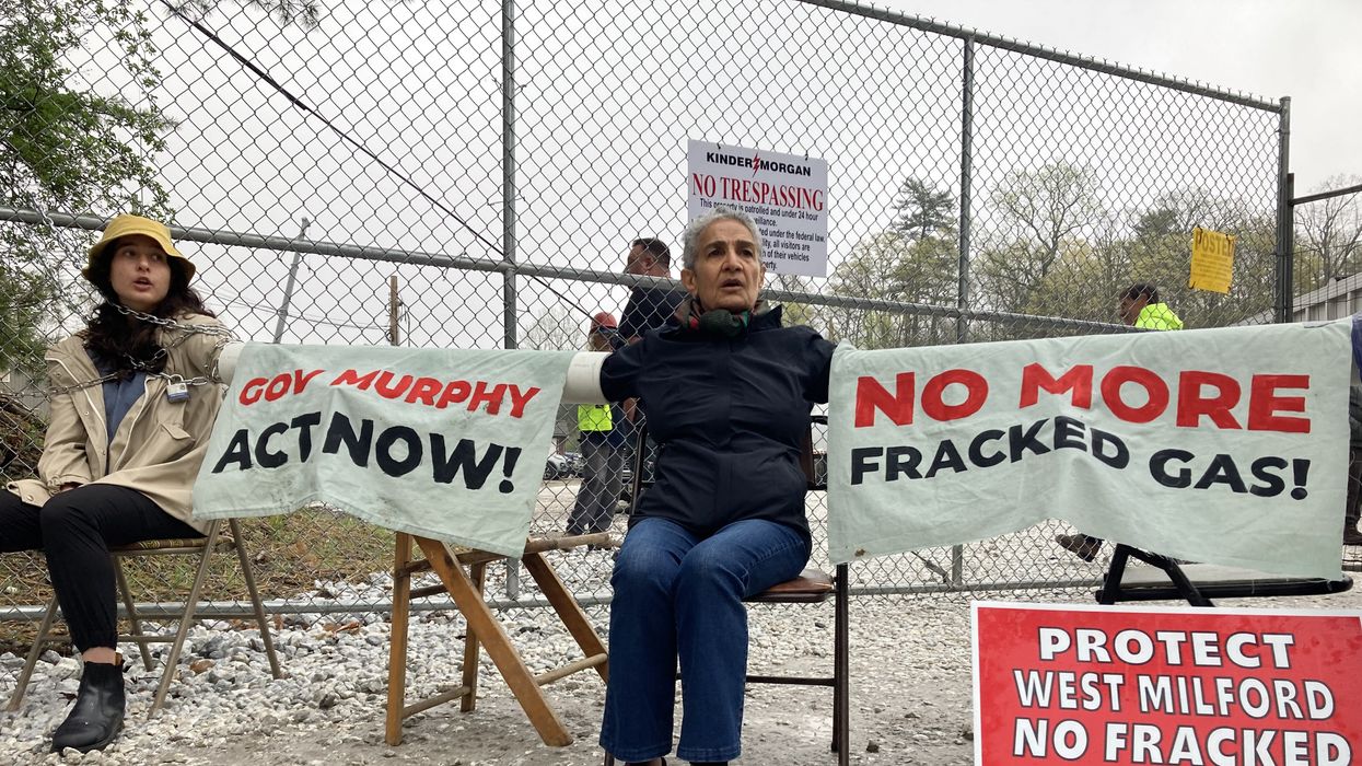 Climate campaigners blocked a compressor station construction site in West Milford, New Jersey on April 17, 2023.