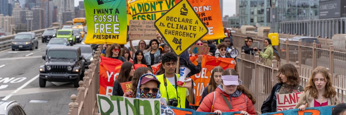 Climate Emergency Strike crosses Brooklyn Bridge.