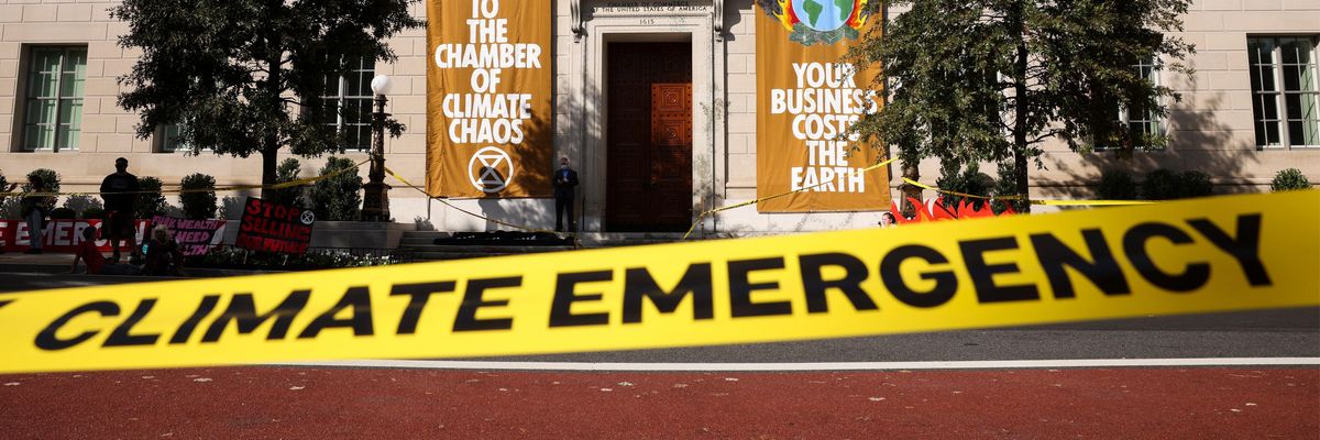 Climate Emergency tape outside the U.S. Chamber of Commerce HQ