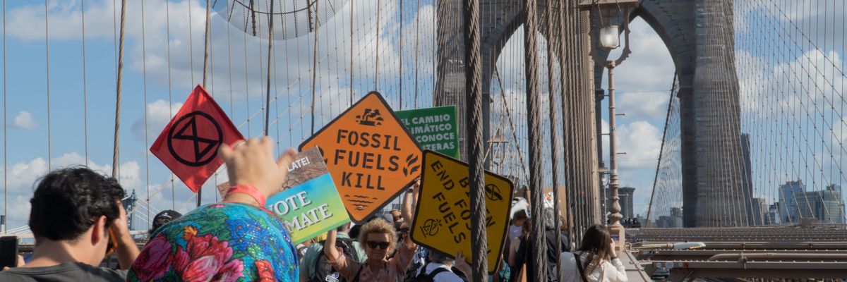 Climate protest on Brooklyn Bridge.