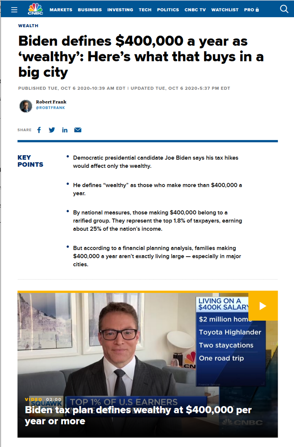 CNBC: Biden defines $400,000 a year as 'wealthy': Here's what that buys in a big city