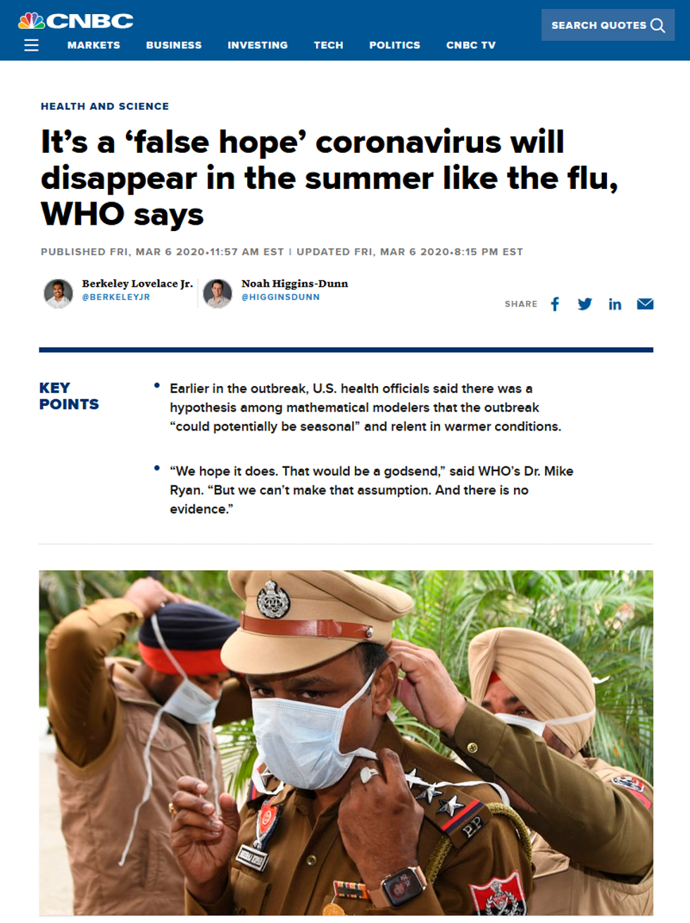 CNBC: It's a 'false hope' coronavirus will disappear in the summer like the flu, WHO says