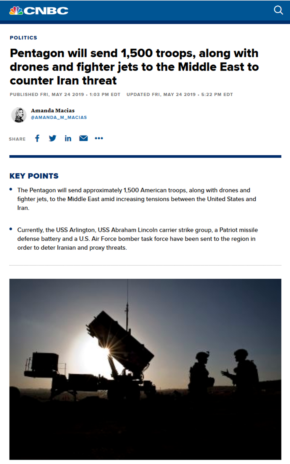 CNBC: Pentagon will send 1,500 troops, along with drones and fighter jets to the Middle East to counter Iran threat