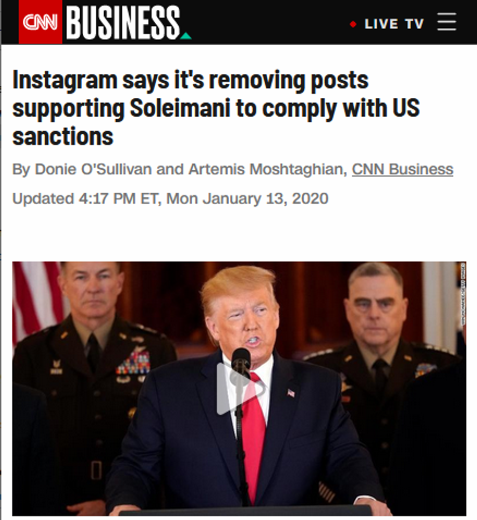 CNN: Instagram says it's removing posts supporting Soleimani to comply with US sanctions