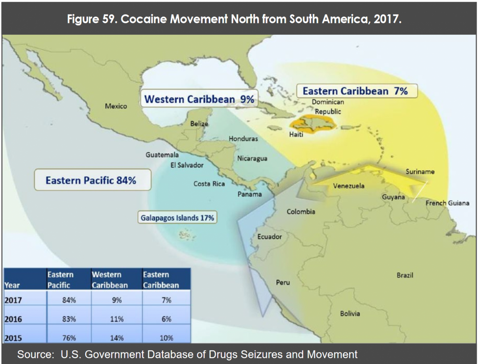 Cocaine movement north from South America, 2017