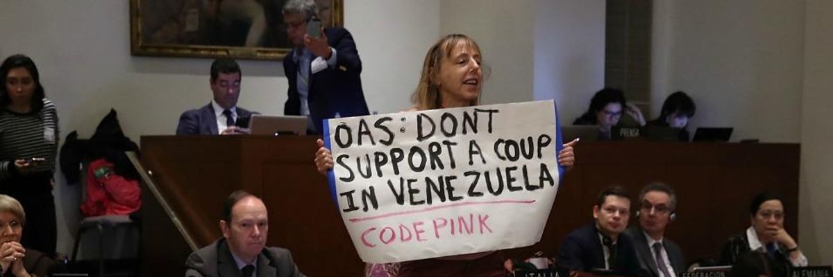Code Pink protester Medea Benjamin disrupts a meeting of the Council of the Organization of American States (OAS), on January 24, 2019 in Washington, DC.