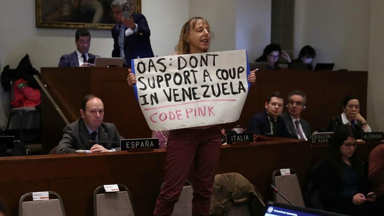 Code Pink protester Medea Benjamin disrupts a meeting of the Council of the Organization of American States (OAS), on January 24, 2019 in Washington, DC.