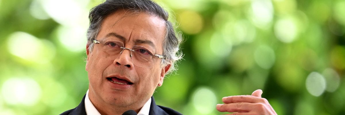 Colombian President Gustavo Petro speaks during the Amazon Cooperation Treaty Organization Summit in Bogotá on August 22, 2025.