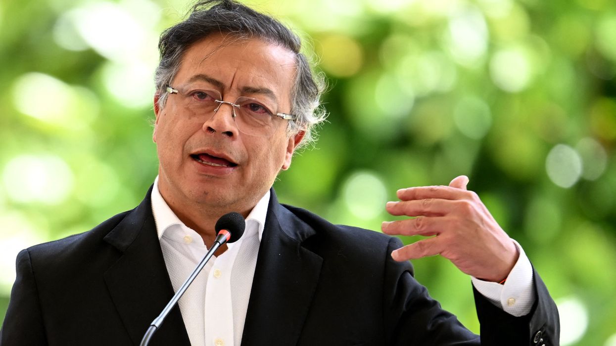 Colombian President Gustavo Petro speaks during the Amazon Cooperation Treaty Organization Summit in Bogotá on August 22, 2025.