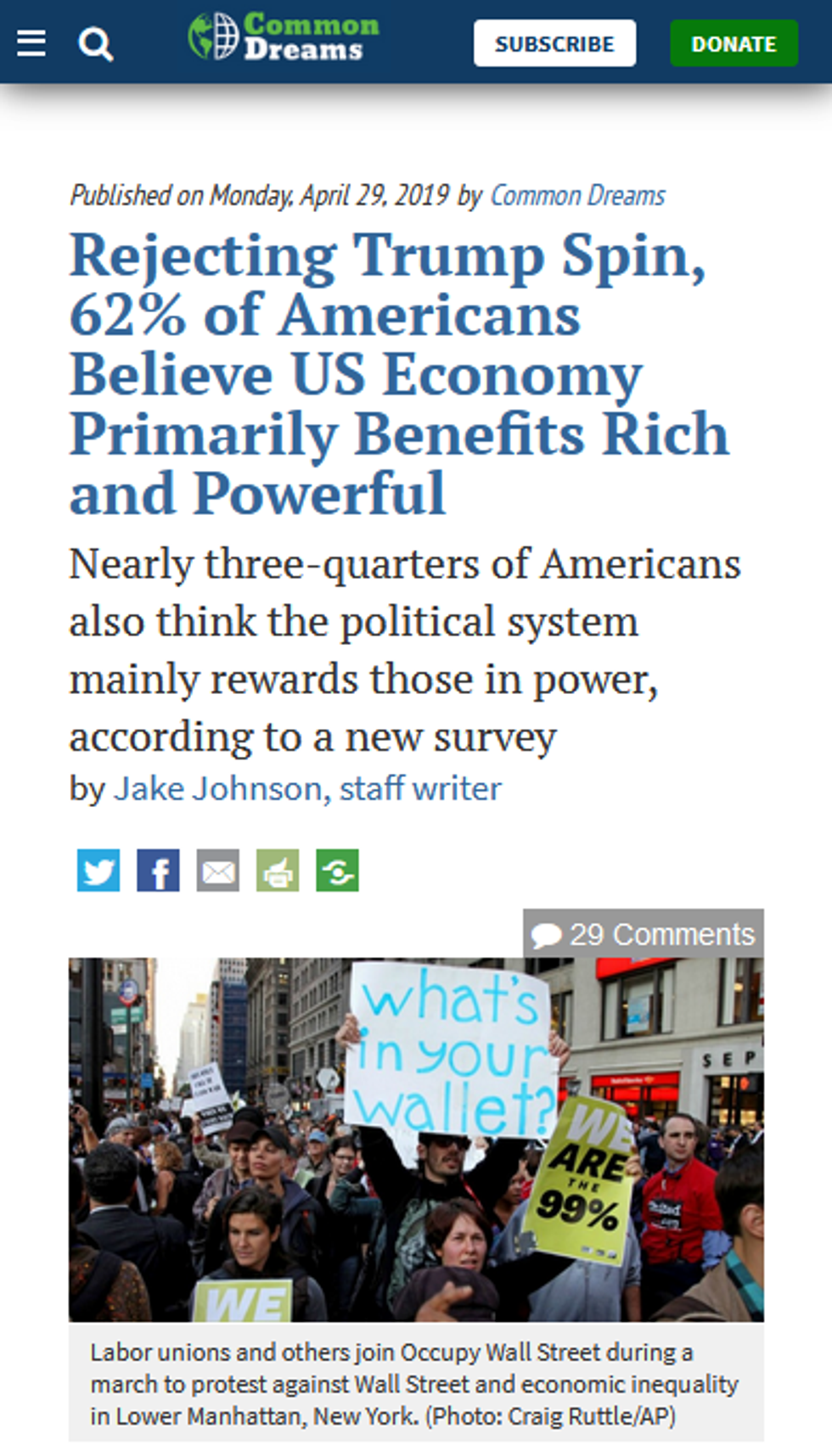 Common Dreams: Rejecting Trump Spin, 62% of Americans Believe US Economy Primarily Benefits Rich and Powerful
