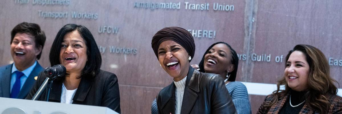 Congressional Progressive Caucus Chair Pramila Jayapal (D-Wash.) speaks at a news conference with Rep. Ilhan OmarD-Minn and incoming members of the CPC