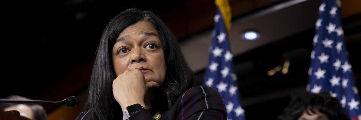 Congressional Progressive Caucus Chair Pramila Jayapal speaks at a press conference