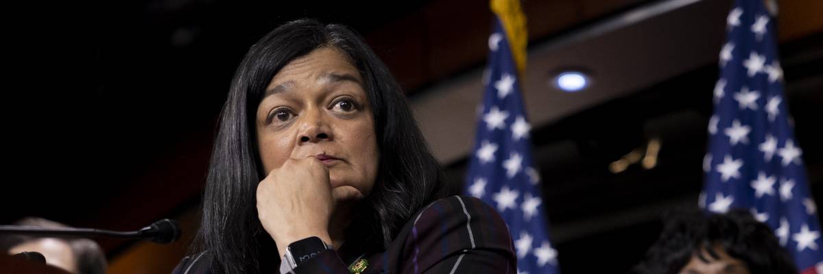 Congressional Progressive Caucus Chair Pramila Jayapal speaks at a press conference