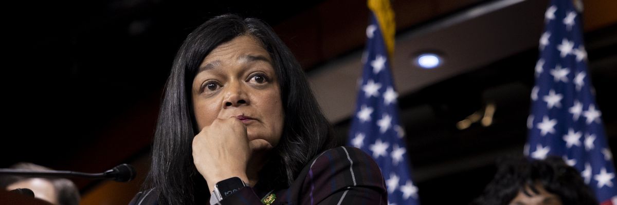 Congressional Progressive Caucus Chair Pramila Jayapal speaks at a press conference