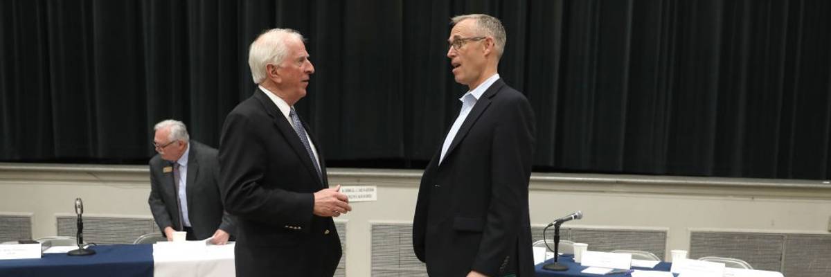 Congressman Mike Thompson (left) talks with congressman Jared Huffman (right) before a community meeting for north bay fire victims at Veterans Memorial Auditorium on Wednesday, Feb. 20, 2019, in Santa Rosa, Calif. Rep. Mike Thompson leads much of the Ho
